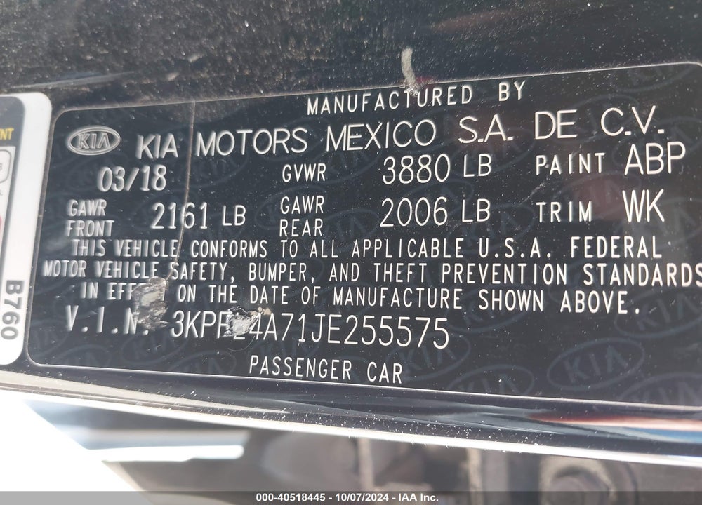 2018 KIA FORTE LX VIN: 3KPFL4A71JE255575