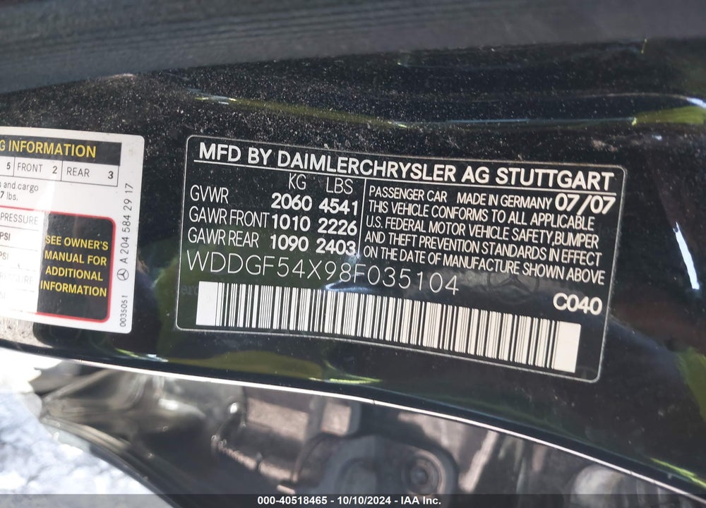 2008 MERCEDES-BENZ C 300 LUXURY/SPORT VIN: WDDGF54X98F035104