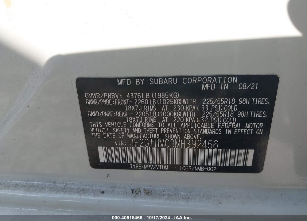 2021 SUBARU CROSSTREK LIMITED VIN: JF2GTHMC3MH392456