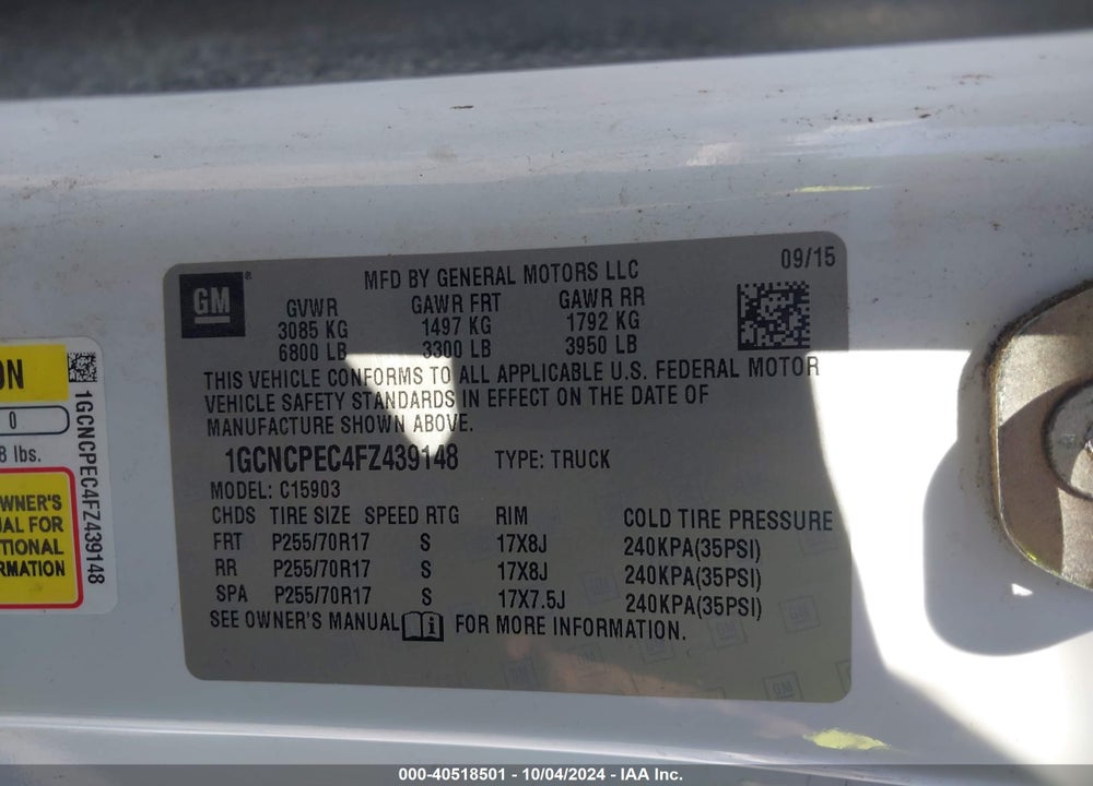 2015 CHEVROLET SILVERADO C1500 VIN: 1GCNCPEC4FZ439148