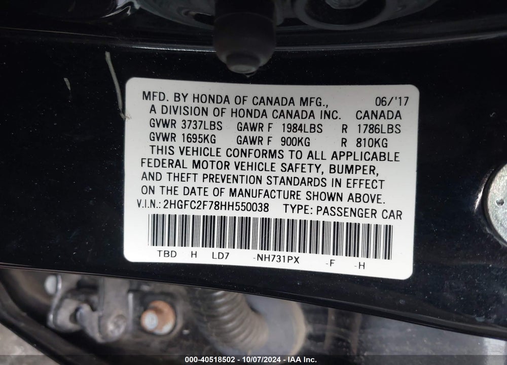 2017 HONDA CIVIC EX VIN: 2HGFC2F78HH550038
