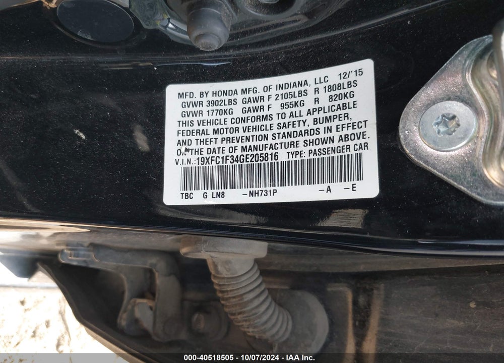 2016 HONDA CIVIC EX-T VIN: 19XFC1F34GE205816