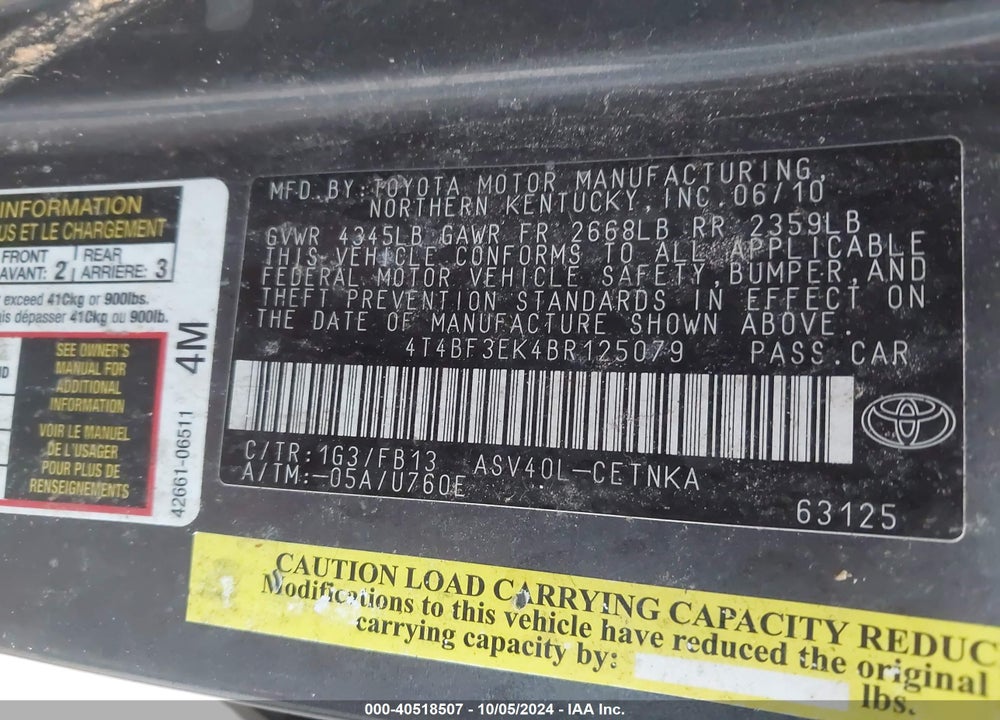 2011 TOYOTA CAMRY VIN: 4T4BF3EK4BR125079