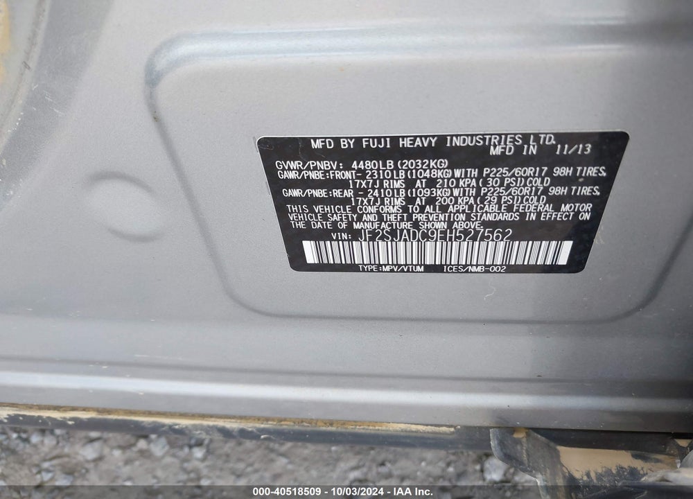 2014 SUBARU FORESTER 2.5I PREMIUM VIN: JF2SJADC9EH527562