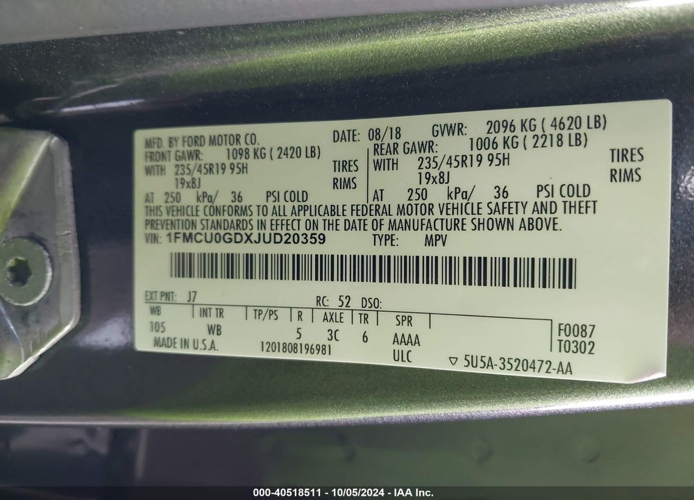 2018 FORD ESCAPE SE VIN: 1FMCU0GDXJUD20359