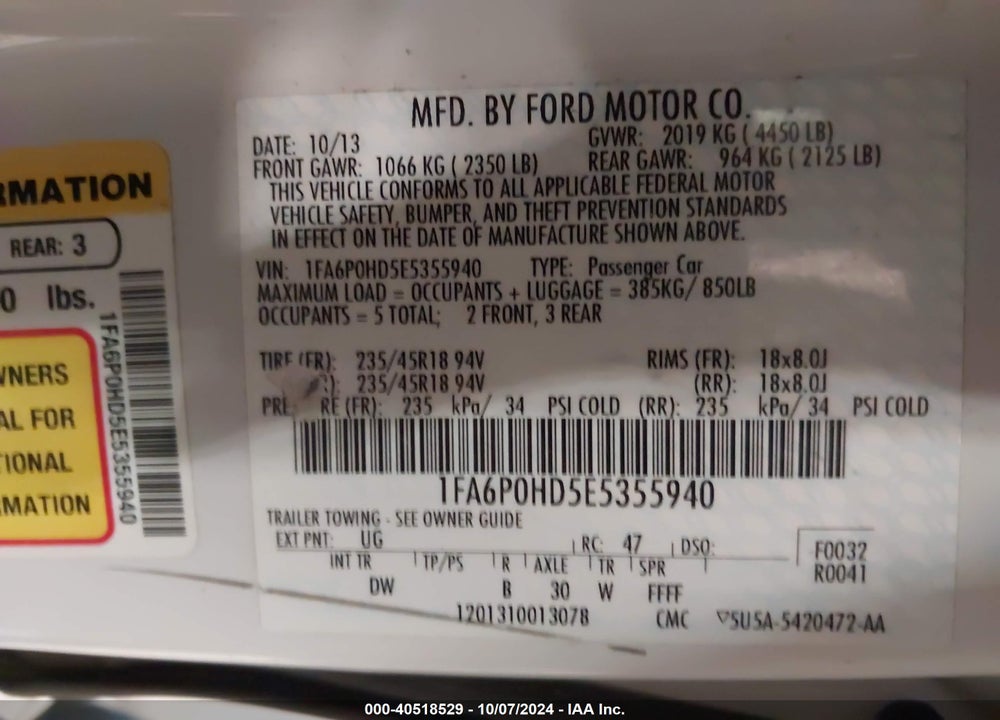 2014 FORD FUSION SE VIN: 1FA6P0HD5E5355940