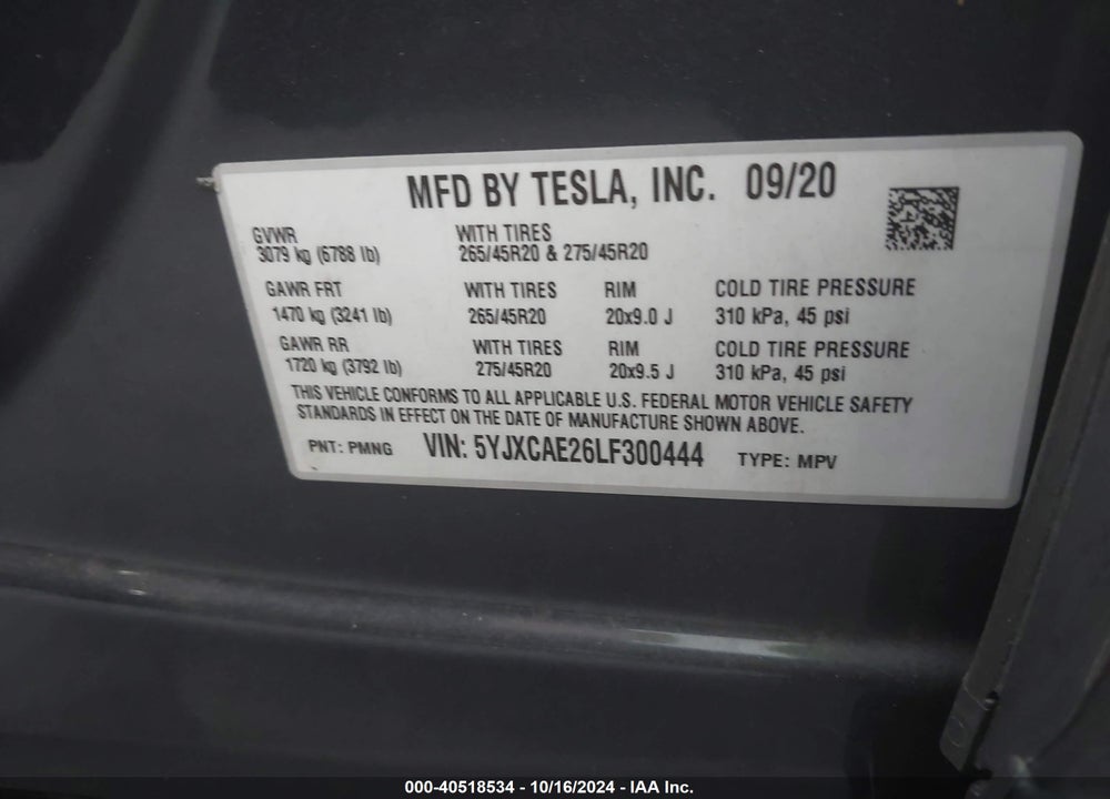 2020 TESLA MODEL X LONG RANGE DUAL MOTOR ALL-WHEEL DRIVE/LONG RANGE PLUS DUAL MOTOR ALL-WHEEL DRIVE VIN: 5YJXCAE26LF300444