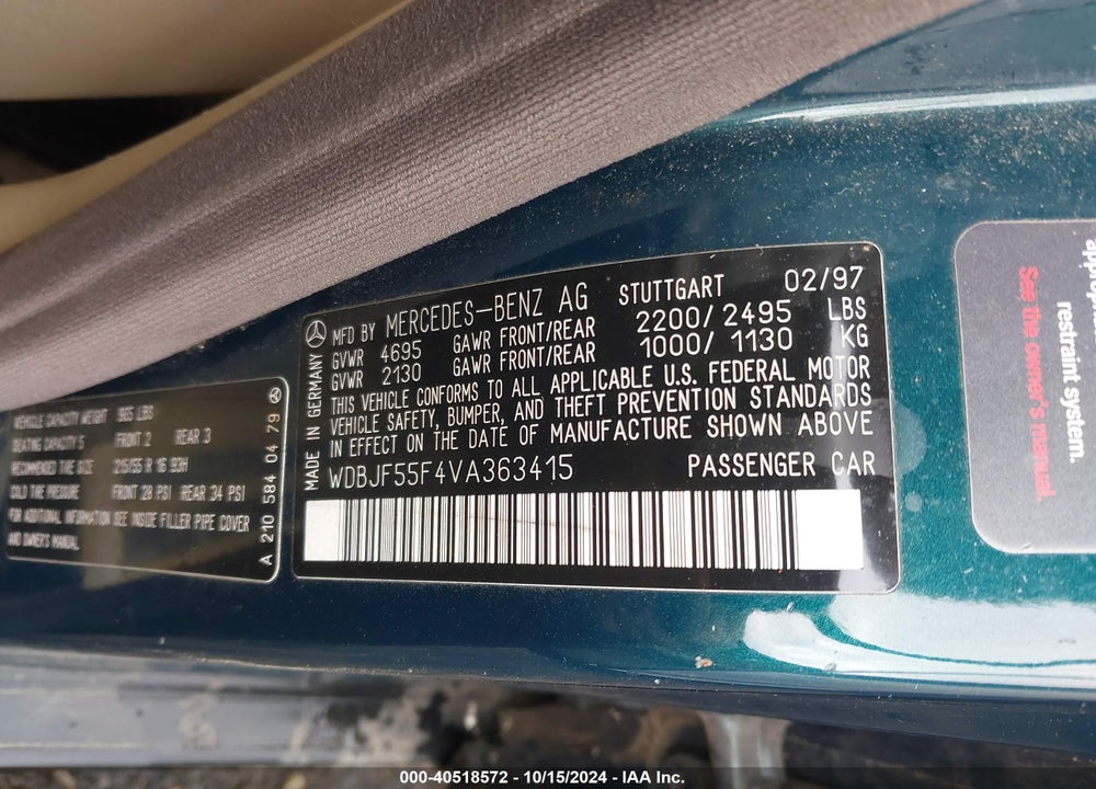 1997 MERCEDES-BENZ E 320 VIN: WDBJF55F4VA363415