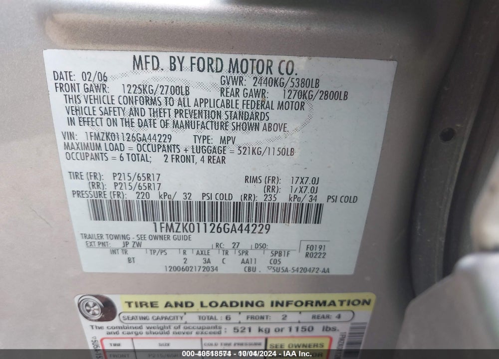 2006 FORD FREESTYLE SE VIN: 1FMZK01126GA44229