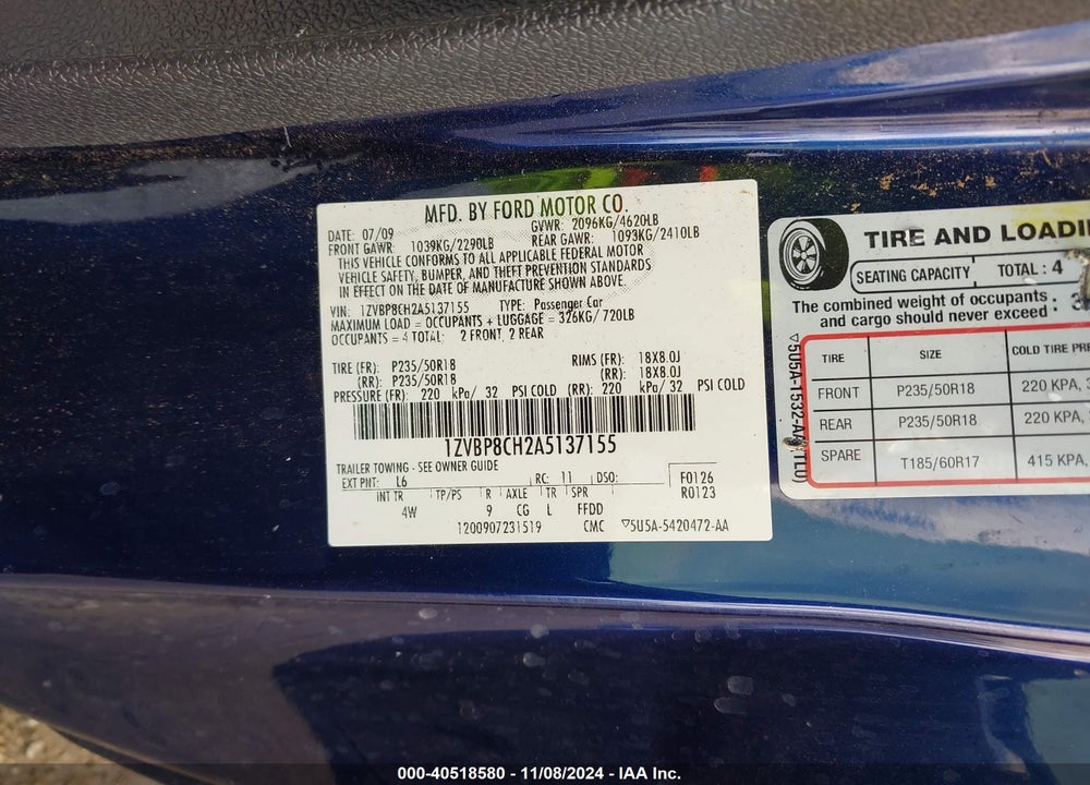 2010 FORD MUSTANG VIN: 1ZVBP8CH2A5137155