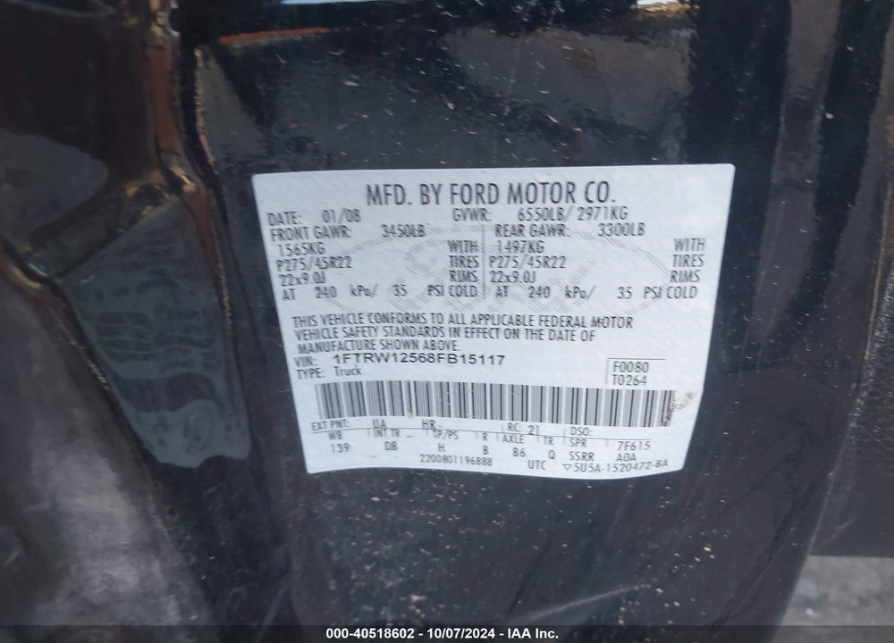 2008 HARLEY-DAVIDSON FORD F-150 /LIMITED VIN: 1FTRW12568FB15117