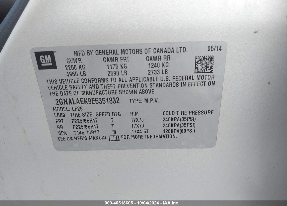 2014 CHEVROLET EQUINOX LS VIN: 2GNALAEK9E6351832