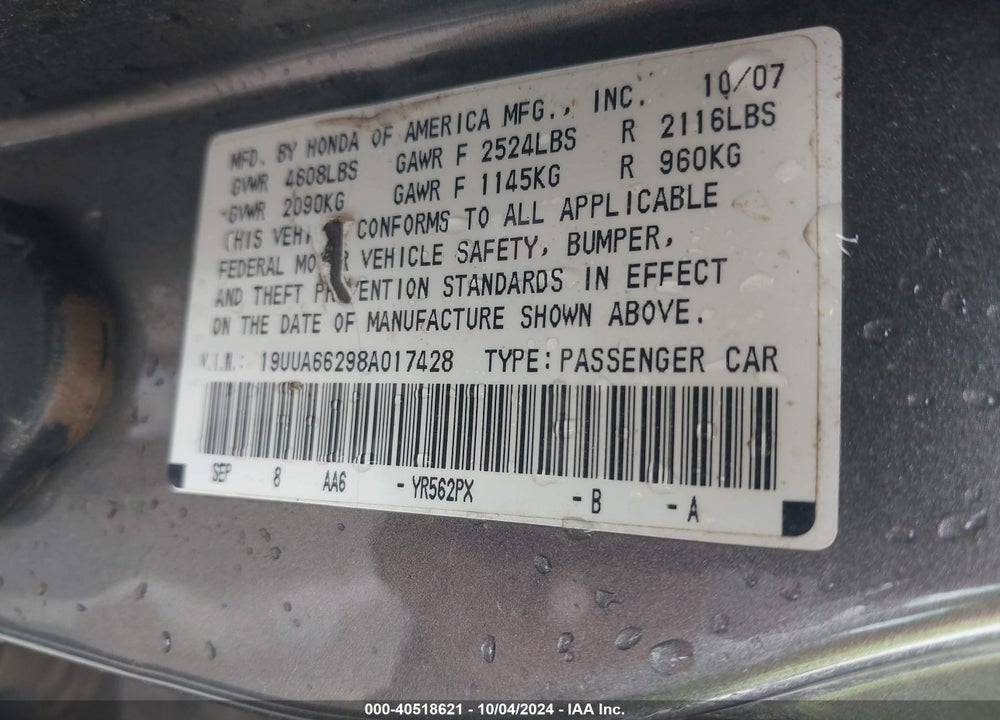 2008 ACURA TL 3.2 VIN: 19UUA66298A017428