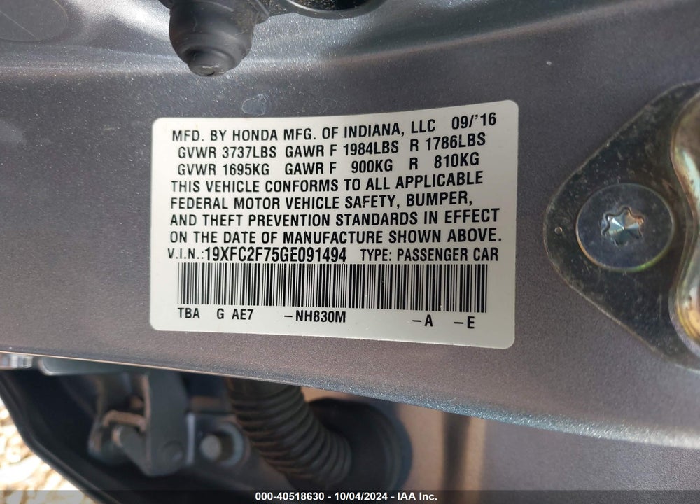 2016 HONDA CIVIC EX VIN: 19XFC2F75GE091494
