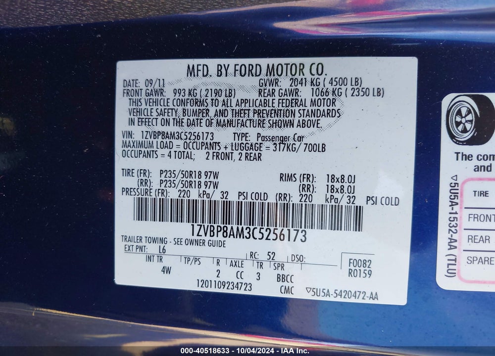 2012 FORD MUSTANG V6 PREMIUM VIN: 1ZVBP8AM3C5256173