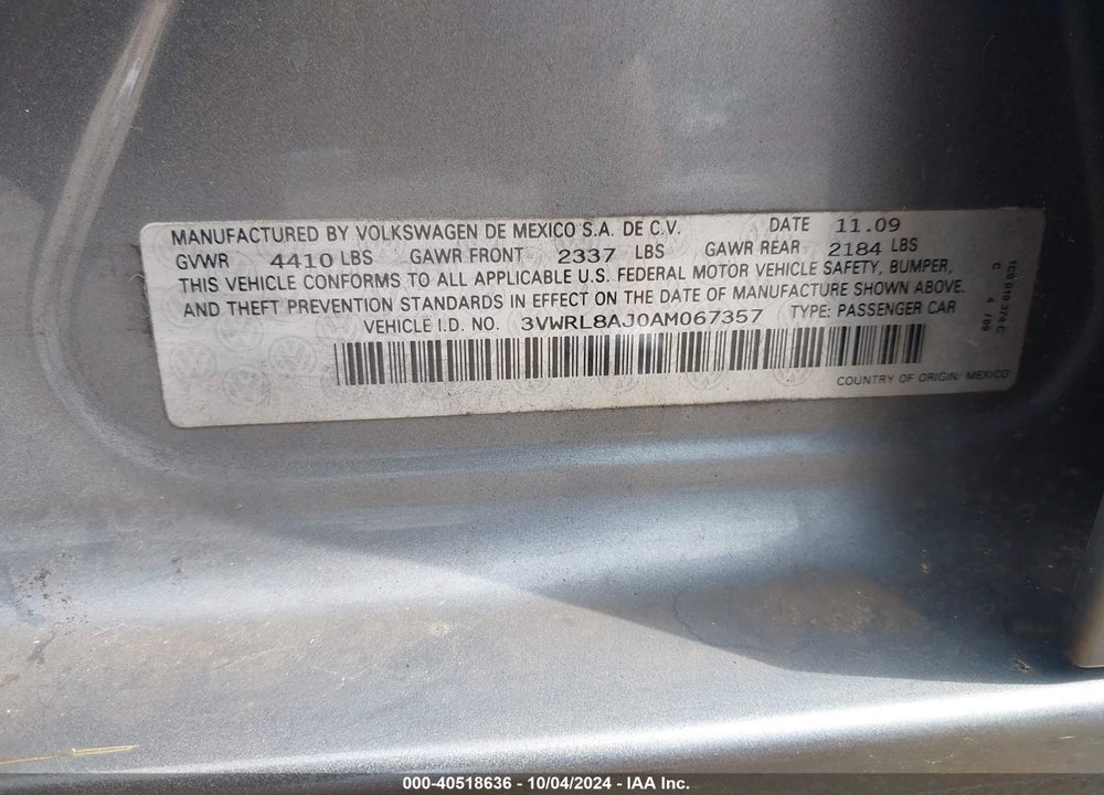 2010 VOLKSWAGEN JETTA TDI VIN: 3VWRL8AJ0AM067357