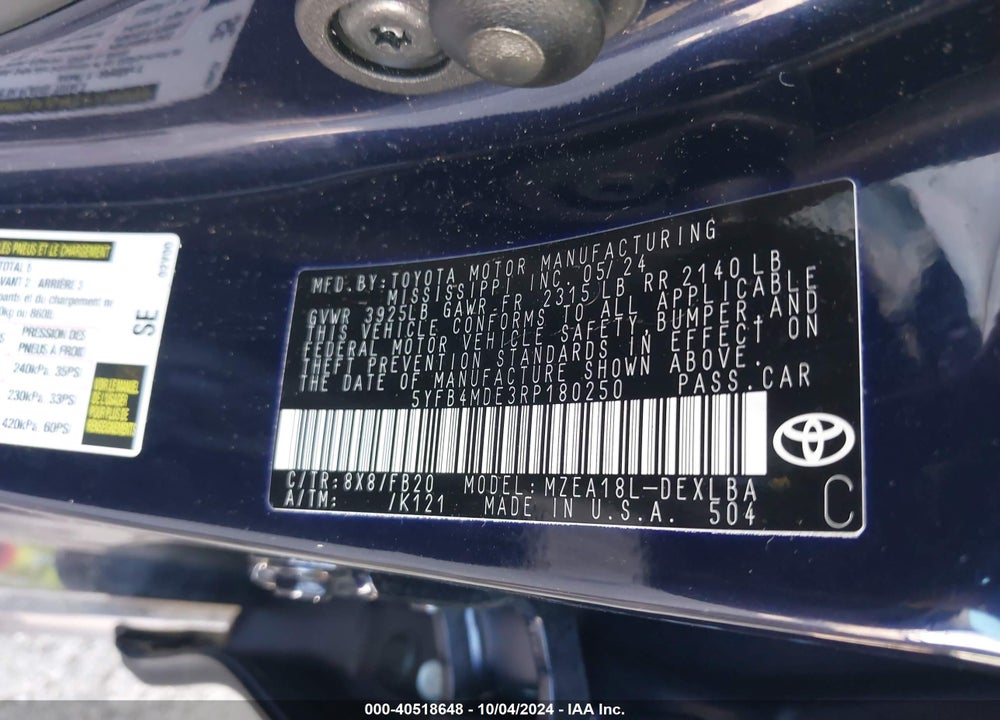 2024 TOYOTA COROLLA LE VIN: 5YFB4MDE3RP180250