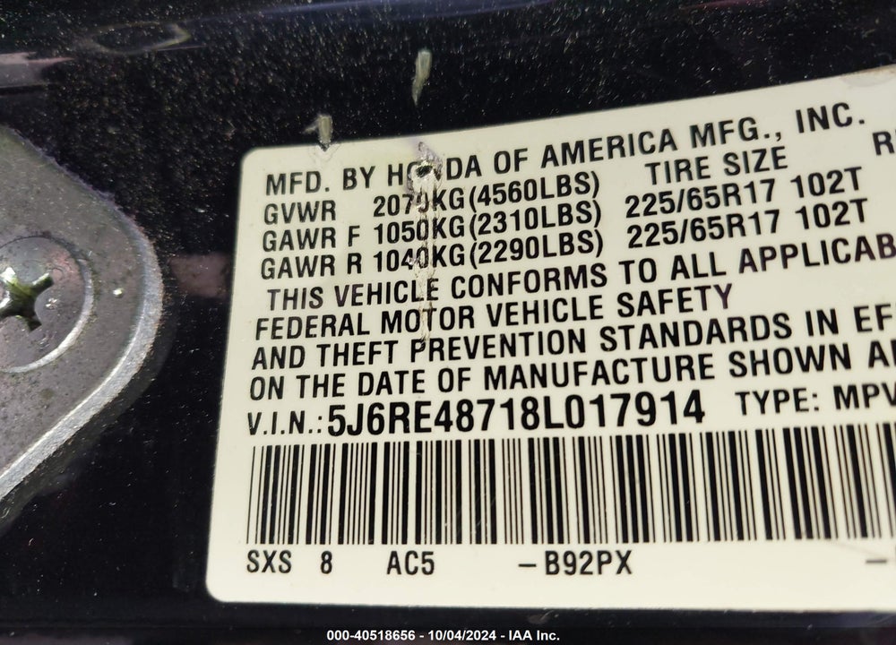 2008 HONDA CR-V EX-L VIN: 5J6RE48718L017914