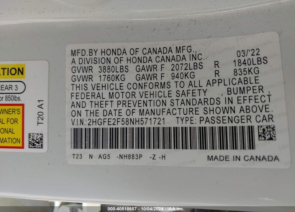 2022 HONDA CIVIC SPORT VIN: 2HGFE2F58NH571721