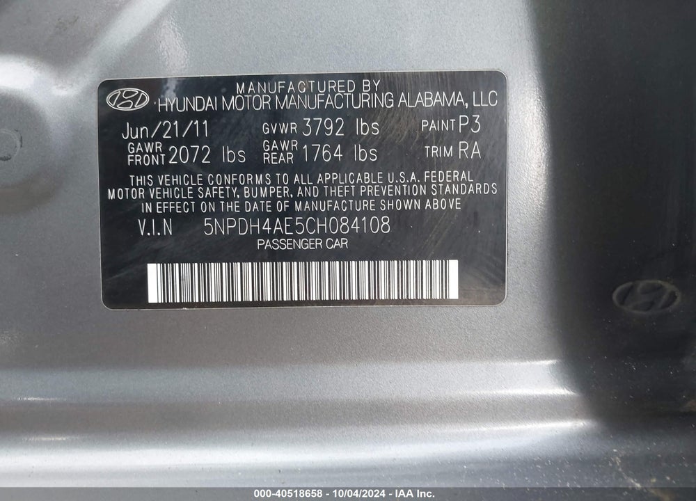 2012 HYUNDAI ELANTRA GLS VIN: 5NPDH4AE5CH084108