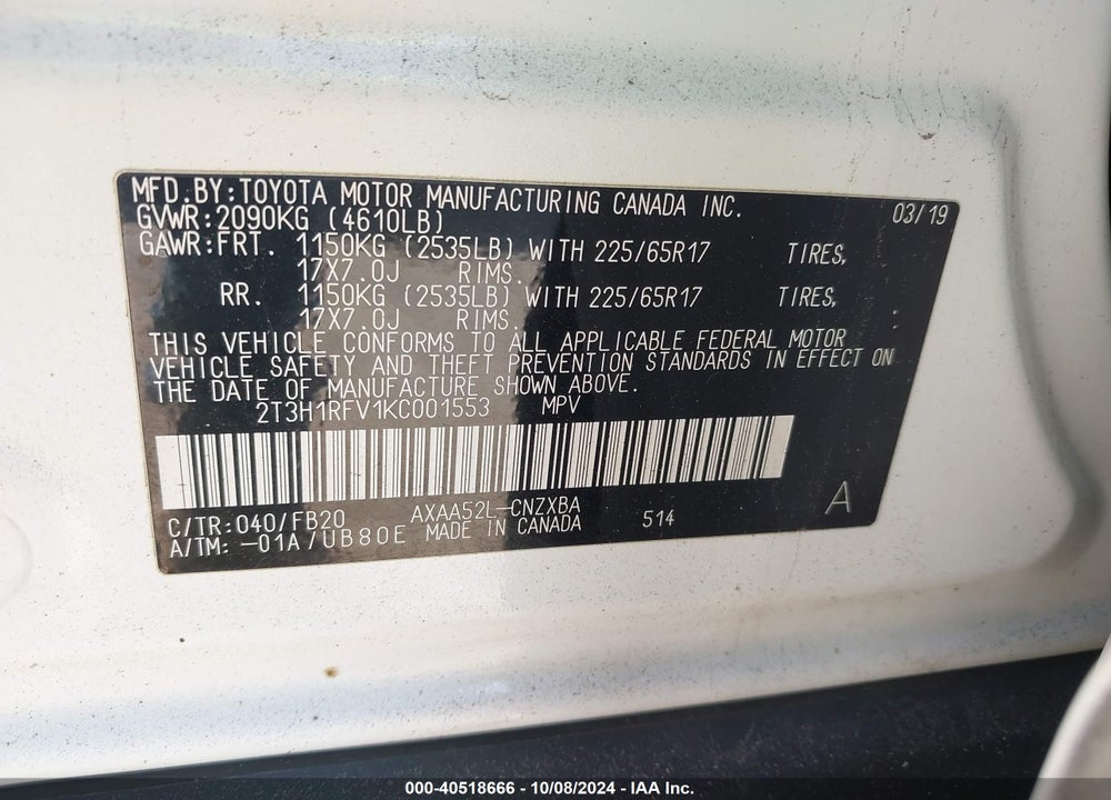 2019 TOYOTA RAV4 LE VIN: 2T3H1RFV1KC001553