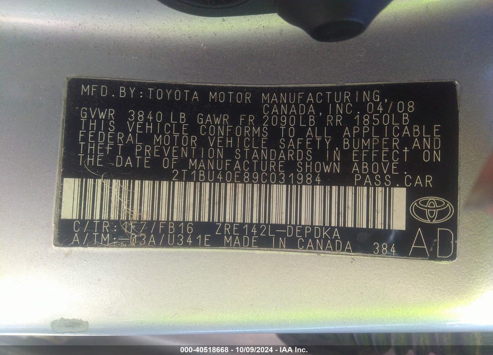 2009 TOYOTA COROLLA LE VIN: 2T1BU40E89C031984