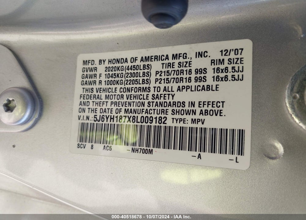 2008 HONDA ELEMENT EX VIN: 5J6YH187X8L009182