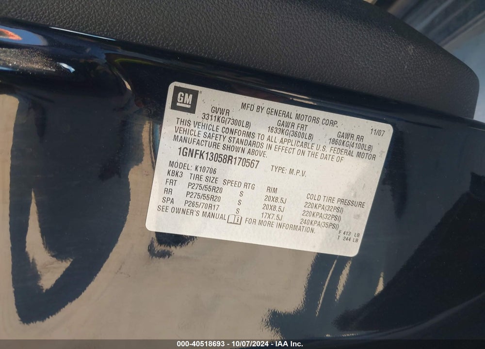 2008 CHEVROLET TAHOE VIN: 1GNFK13058R170567