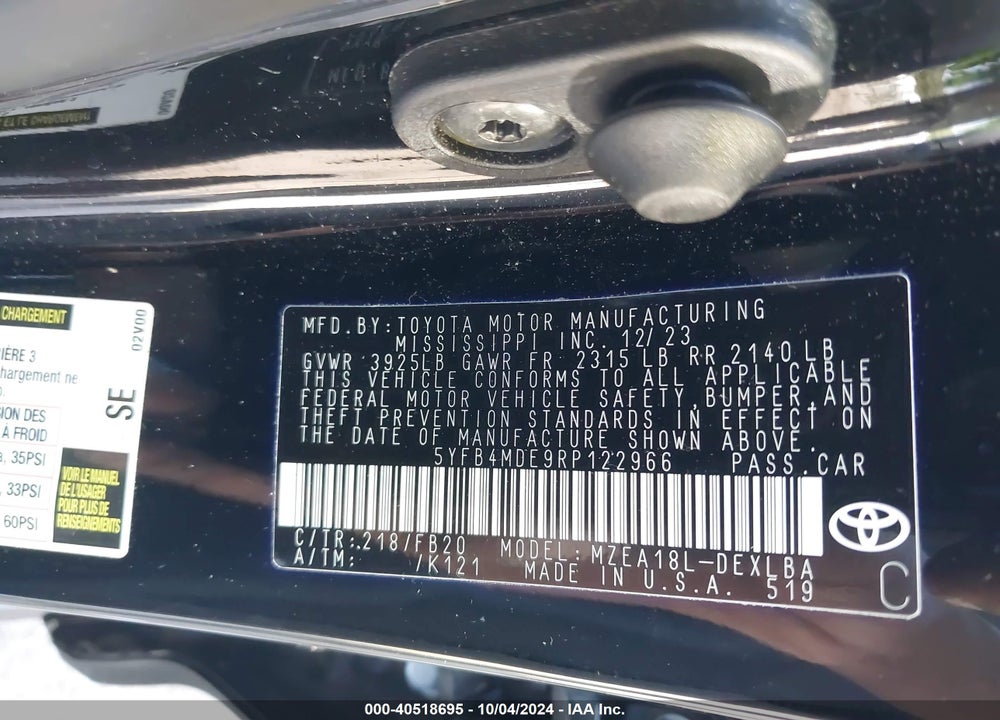 2024 TOYOTA COROLLA LE VIN: 5YFB4MDE9RP122966