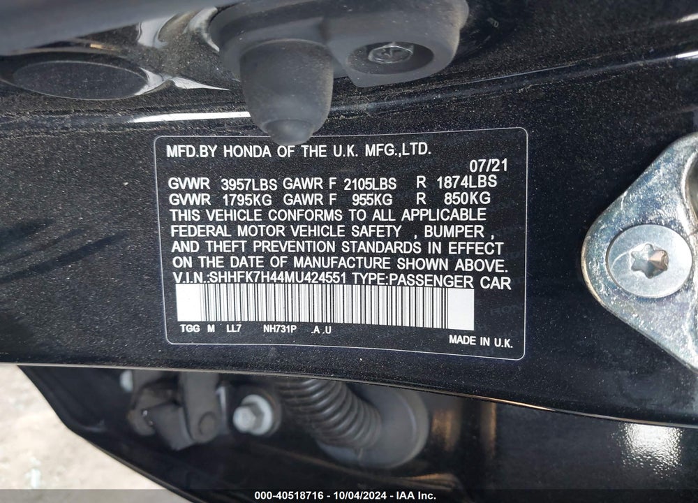 2021 HONDA CIVIC SPORT VIN: SHHFK7H44MU424551
