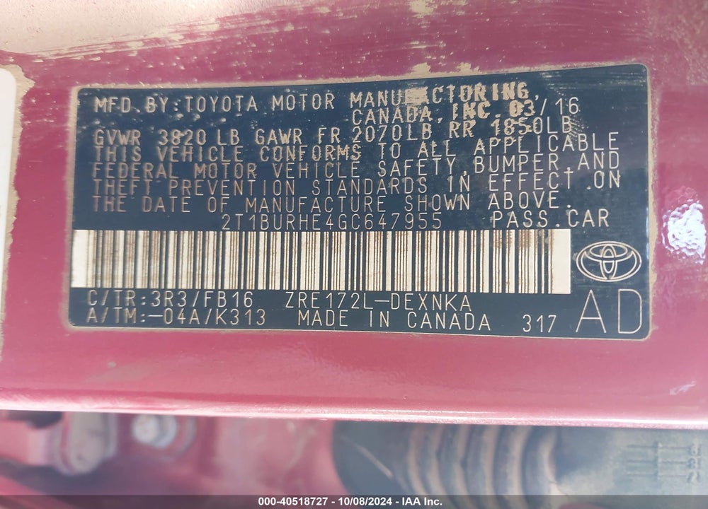 2016 TOYOTA COROLLA LE VIN: 2T1BURHE4GC647955