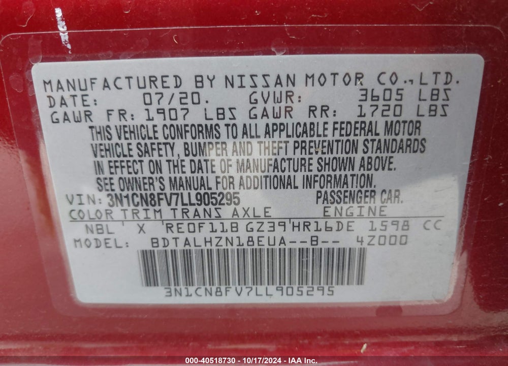2020 NISSAN VERSA SR XTRONIC CVT VIN: 3N1CN8FV7LL905295
