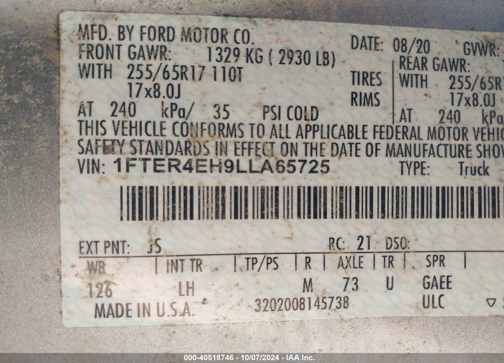 2020 FORD RANGER XLT VIN: 1FTER4EH9LLA65725