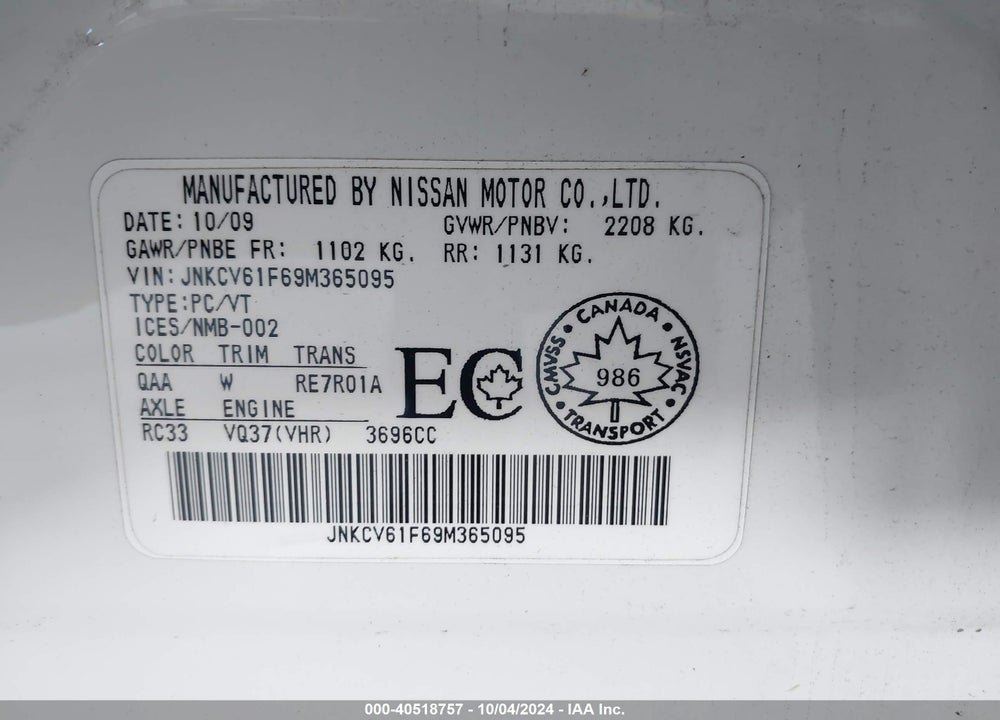 2009 INFINITI G37X VIN: JNKCV61F69M365095