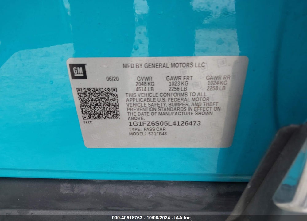 2020 CHEVROLET BOLT EV FWD PREMIER VIN: 1G1FZ6S05L4126473
