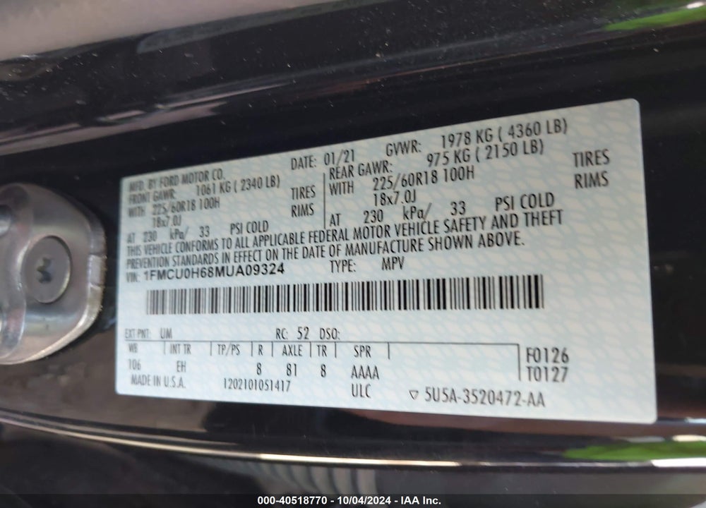 2021 FORD ESCAPE SEL VIN: 1FMCU0H68MUA09324