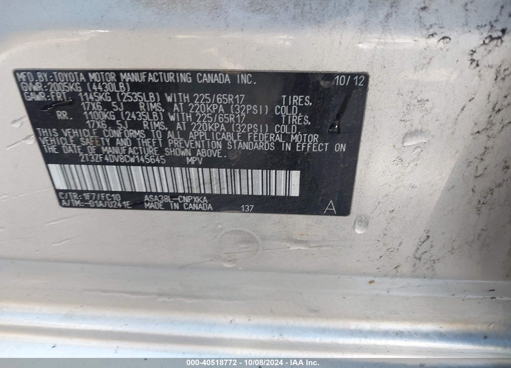 2012 TOYOTA RAV4 VIN: 2T3ZF4DV8CW145645