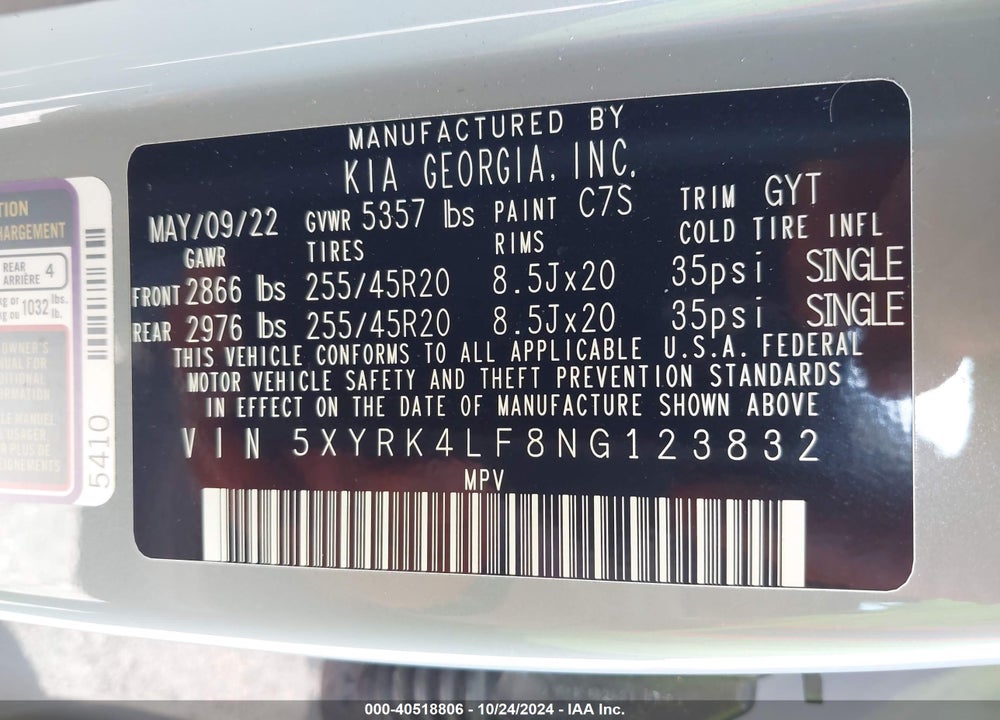 2022 KIA SORENTO SX VIN: 5XYRK4LF8NG123832