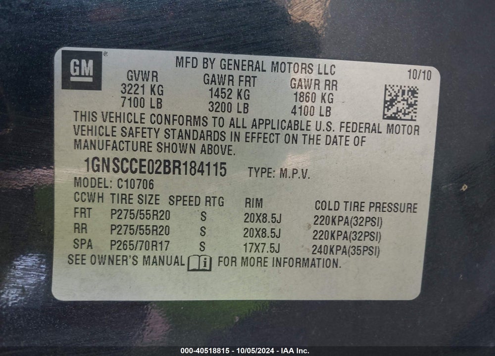 2011 CHEVROLET TAHOE LTZ VIN: 1GNSCCE02BR184115