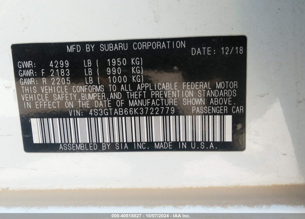 2019 SUBARU IMPREZA 2.0I VIN: 4S3GTAB66K3722779