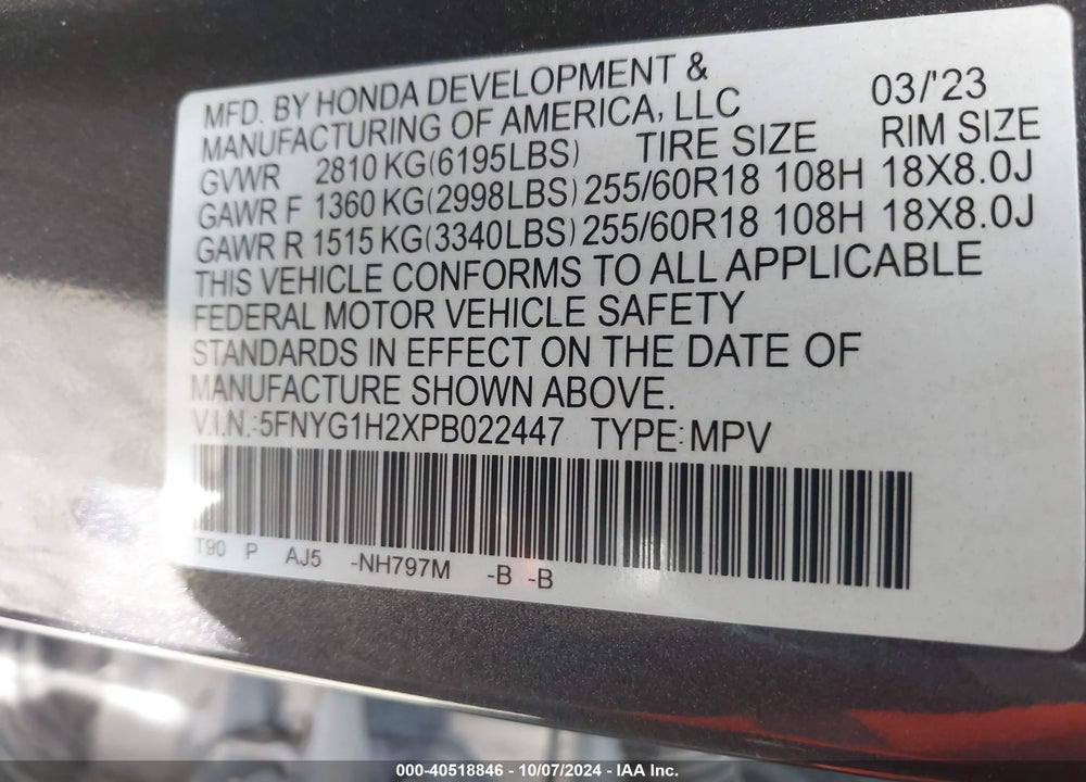 2023 HONDA PILOT AWD LX VIN: 5FNYG1H2XPB022447