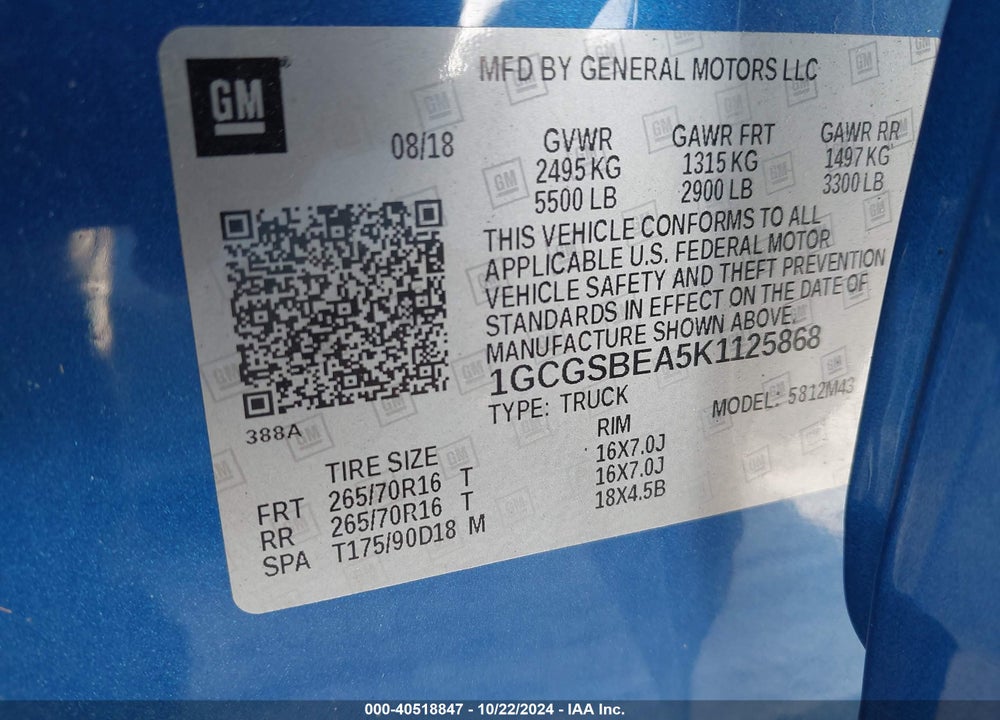 2019 CHEVROLET COLORADO WT VIN: 1GCGSBEA5K1125868