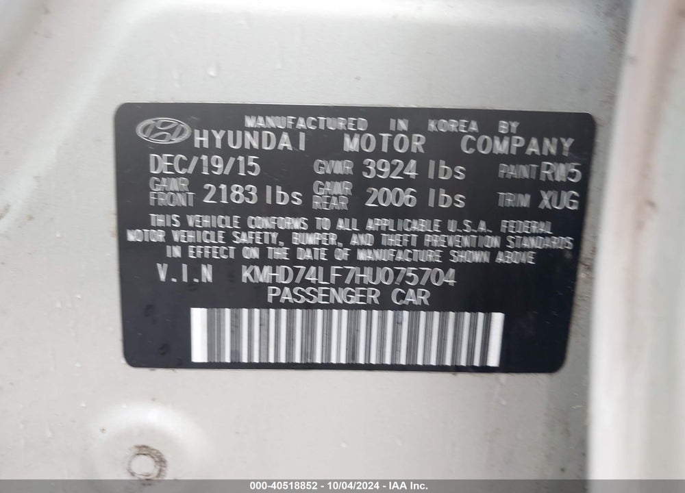 2017 HYUNDAI ELANTRA SE VIN: KMHD74LF7HU075704