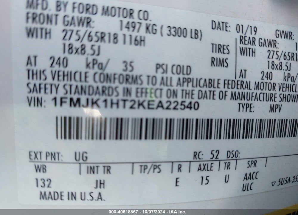 2019 FORD EXPEDITION MAX XLT VIN: 1FMJK1HT2KEA22540
