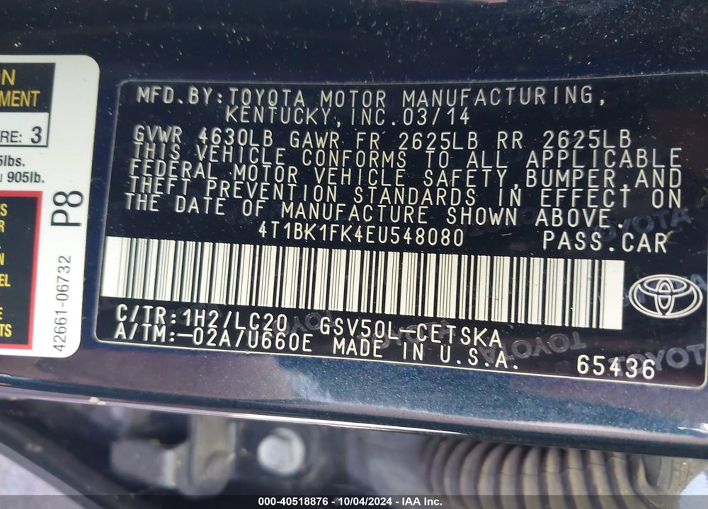 2014 TOYOTA CAMRY SE V6 VIN: 4T1BK1FK4EU548080