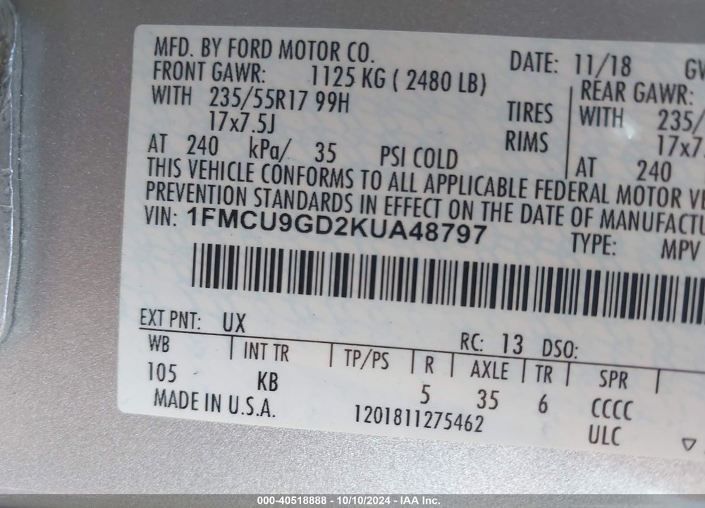 2019 FORD ESCAPE VIN: 1FMCU9GD2KUA48797