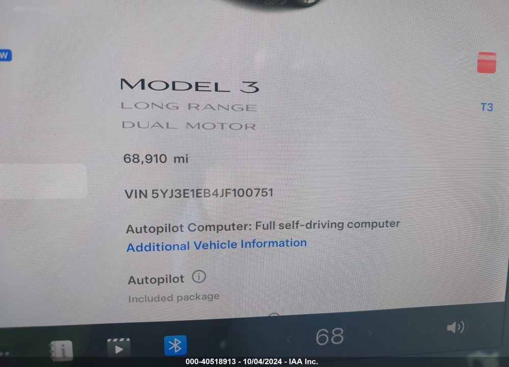 2018 TESLA MODEL 3 LONG RANGE/PERFORMANCE VIN: 5YJ3E1EB4JF100751