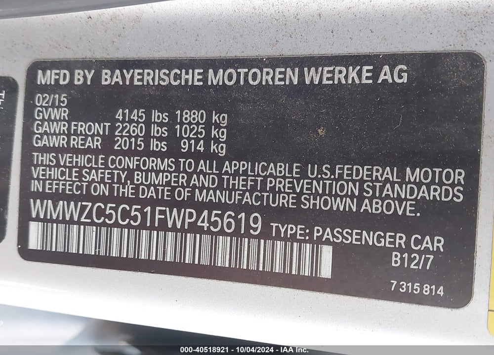 2015 MINI COUNTRYMAN COOPER S VIN: WMWZC5C51FWP45619
