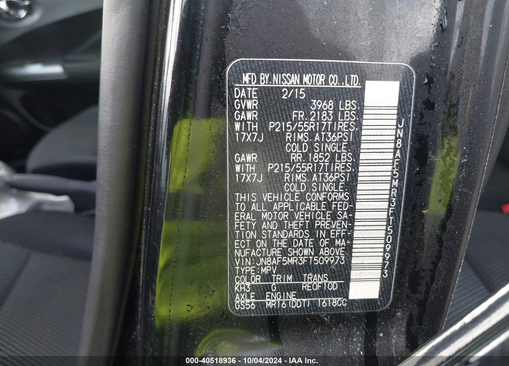 2015 NISSAN JUKE S VIN: JN8AF5MR3FT509973