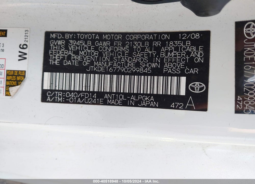 2009 SCION TC VIN: JTKDE167790299845